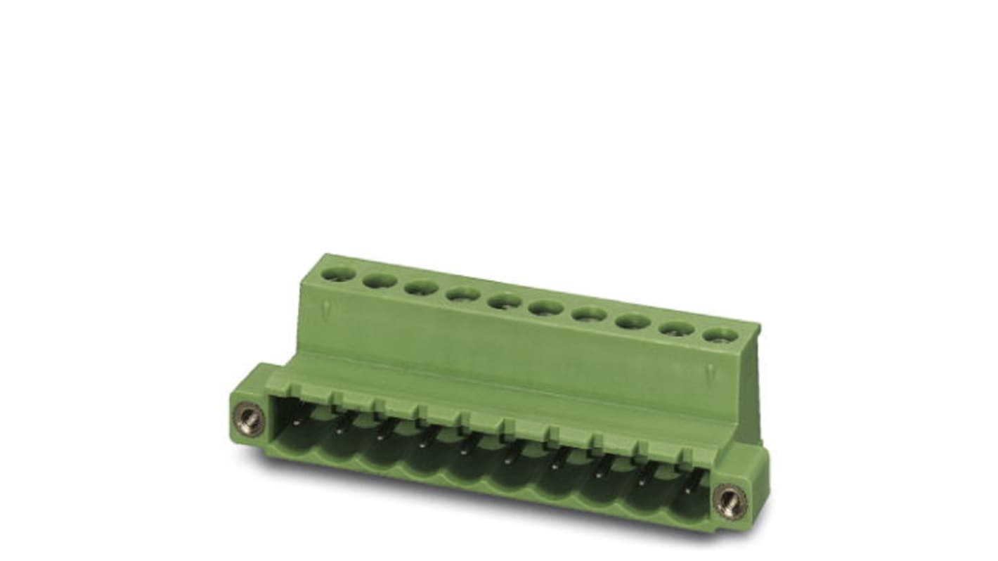 Borne enchufable para PCB Macho Ángulo recto Phoenix Contact de 16 vías , paso 5.08mm, 12A, de color Verde, montaje de