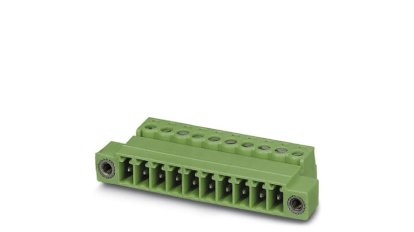 Borne enchufable para PCB Macho Ángulo recto Phoenix Contact de 10 vías , paso 3.81mm, 8A, de color Verde, montaje de