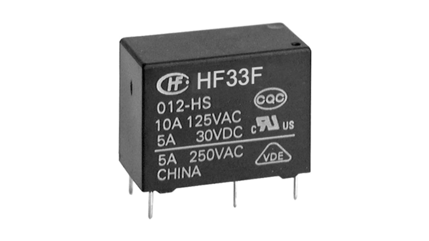 Relé de potencia con enclavamiento Hongfa Europe GMBH HF33F de 1 polo, SPST, bobina 24V dc, 10A, Montaje en PCB