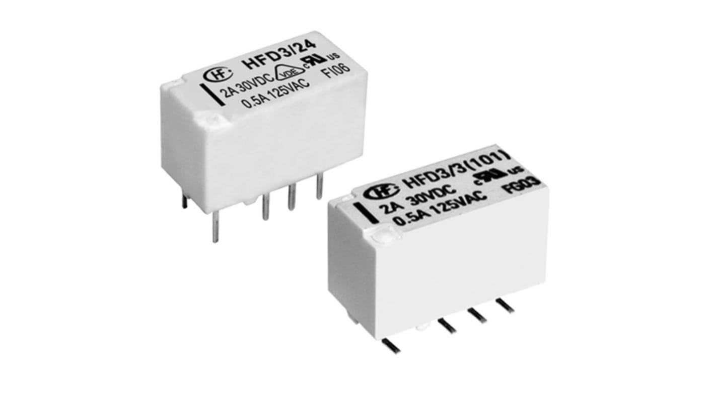 Jelrelé DPDT, Nyomtatott áramkörre szerelhető, 4 A, 5V dc HFD3