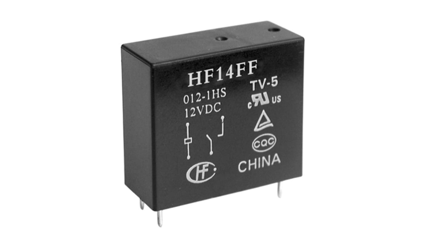 Relè di potenza Hongfa Europe GMBH serie HF14FF, SPST, bobina 5V cc, Montaggio su circuito stampato