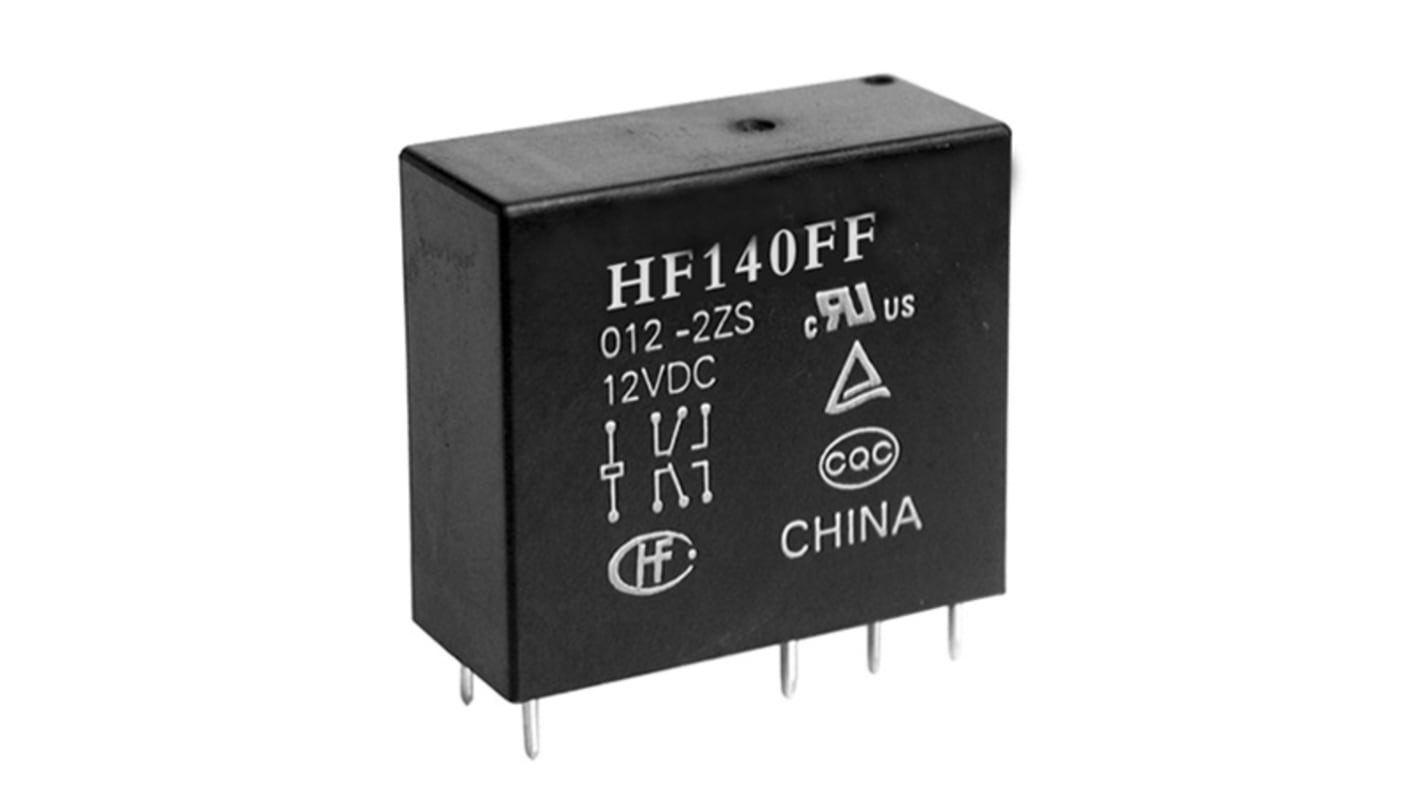 Relè di potenza Hongfa Europe GMBH serie HF140FF, DPDT, bobina 5V cc, Montaggio su circuito stampato