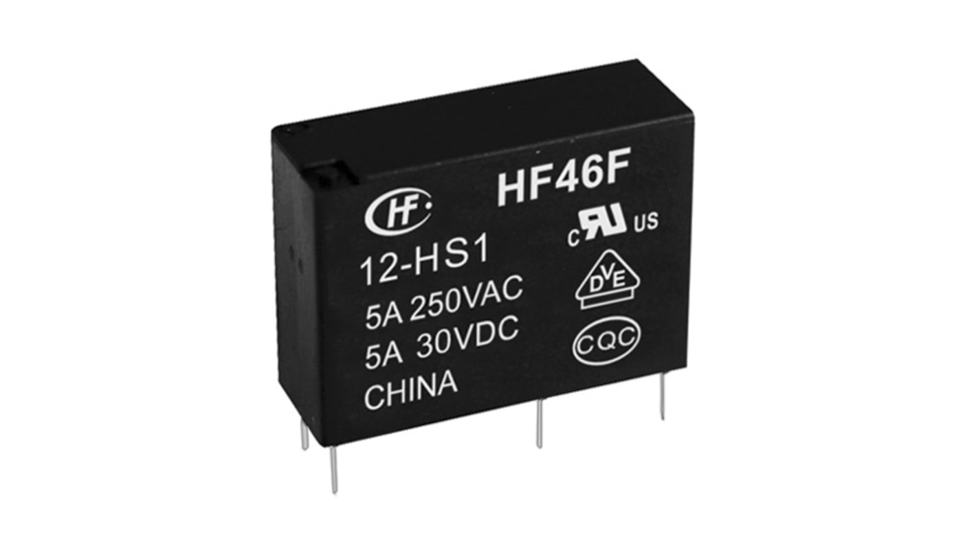 Relé de potencia sin enclavamiento Hongfa Europe GMBH HF46F de 1 polo, SPST, bobina 5V dc, 5A, Montaje en PCB