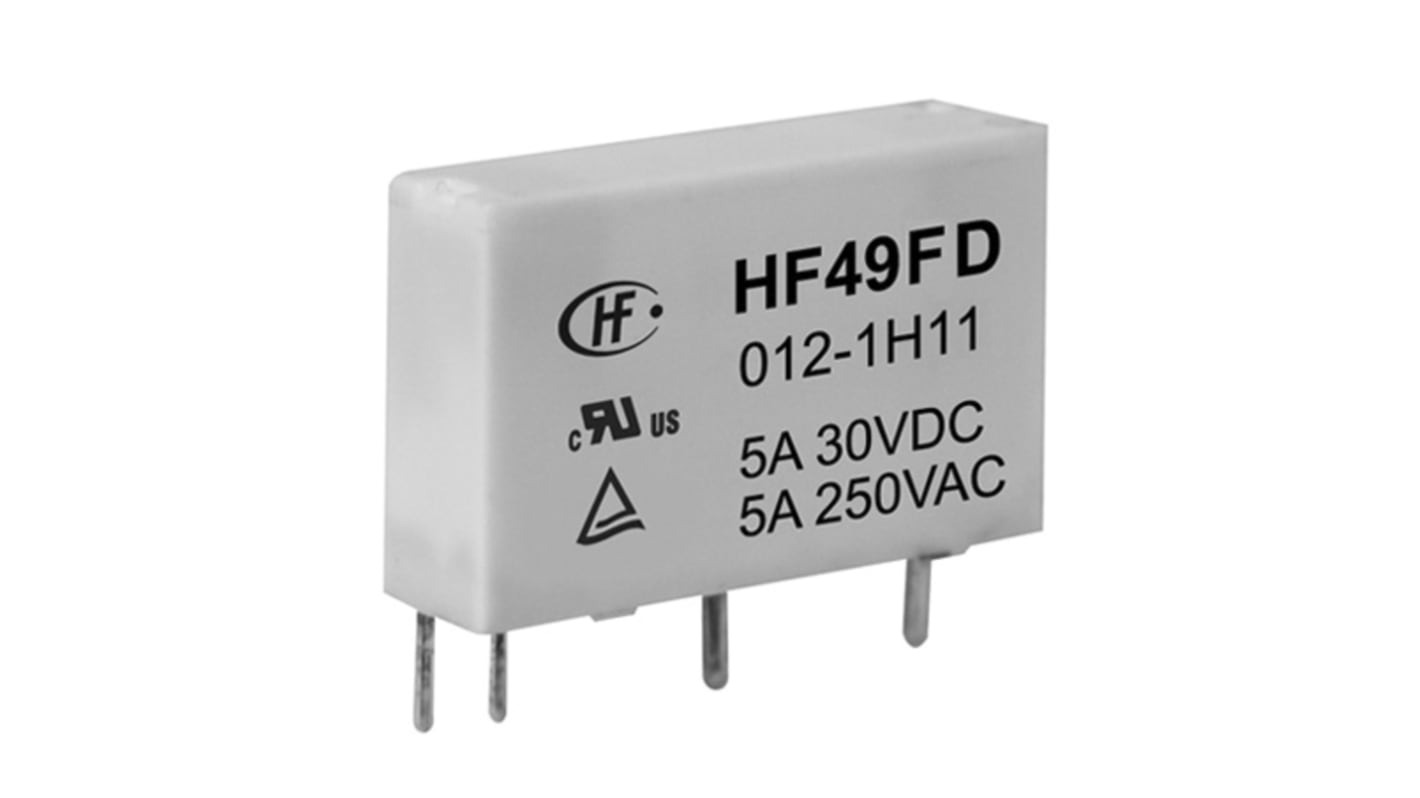 Relé de potencia sin enclavamiento Hongfa Europe GMBH HF49FD de 1 polo, SPST, bobina 24V dc, 5A, Montaje en PCB