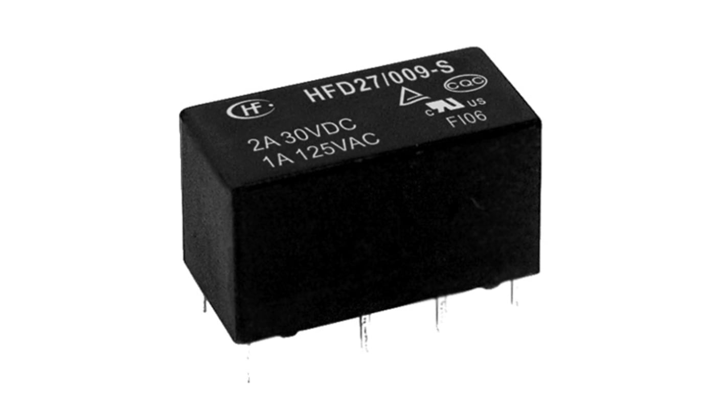 Relé de señal sin enclavamiento Hongfa Europe GMBH HFD27, DPDT, 12V dc, 2 A dc, 2 A ac, montaje en PCB