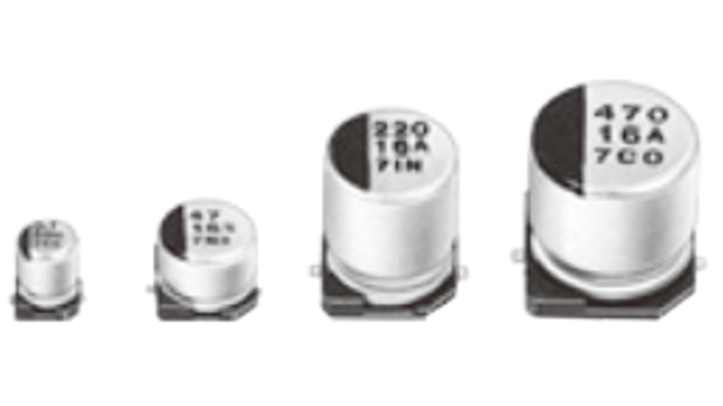 Condensador electrolítico Panasonic serie S, 100μF, ±20%, 16V dc, mont. SMD, 6.3 (Dia.) x 5.4mm, paso 1.8mm