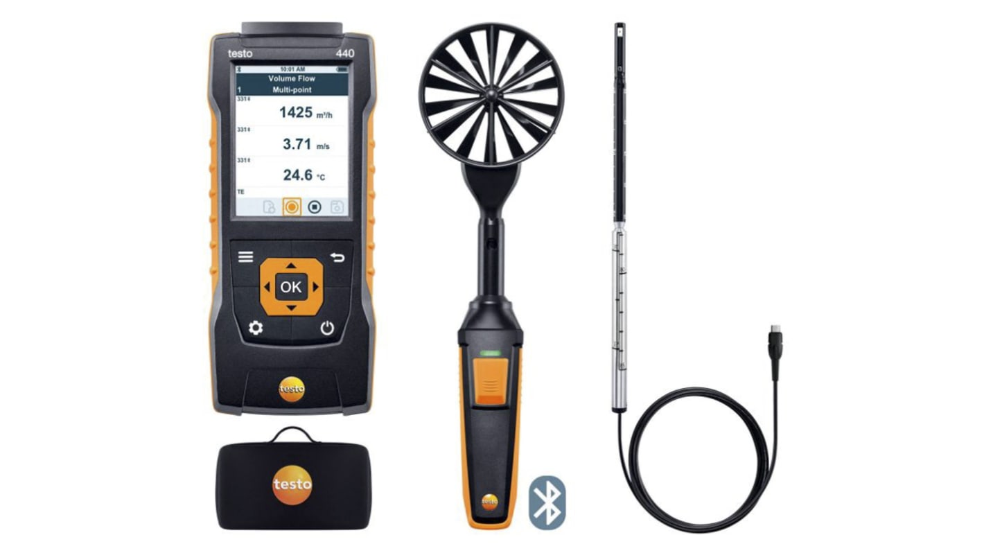 Testo 440 Air Flow ComboKit 1 with Bluetooth Anemometer, 35m/s Max, Measures Air Velocity, Temperature, Volume Flow