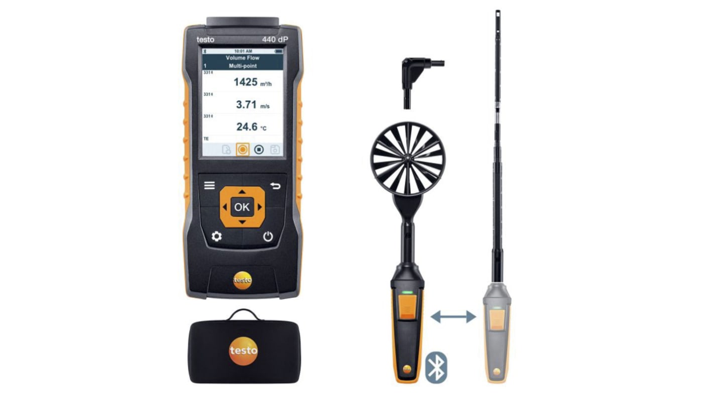 Testo 440 dP Air Flow ComboKit 1 with Bluetooth Hot Wire, NTC, TC, Vane Anemometer, 50m/s Max, Measures Air Velocity,