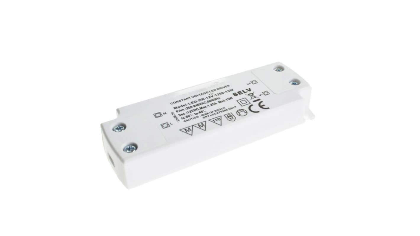 Driver LED tensión constante RS PRO de 2 salidas, IN: 180 → 264 V ac, OUT: 12V, 1.25A, 15W, IP20