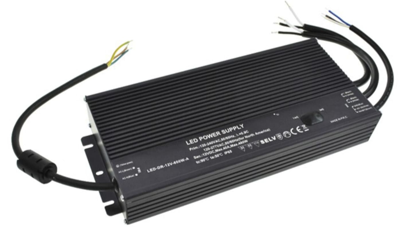 Driver LED tensión constante RS PRO, IN: 108 → 305 V ac, OUT: 10.2 → 12.6V, 40A, 600W, IP20