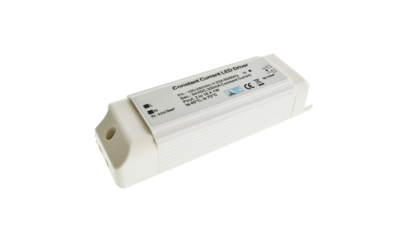 Driver LED corriente constante RS PRO, IN: 100 → 240 V ac, OUT: 10 → 54V, 350mA, 18W, IP20