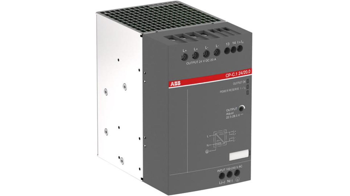 Zasilacz szyny DIN U wy 24V dc I wy 20A U we 100 → 240 V ac / 90 → 250V dc ABB 480W impulsowy