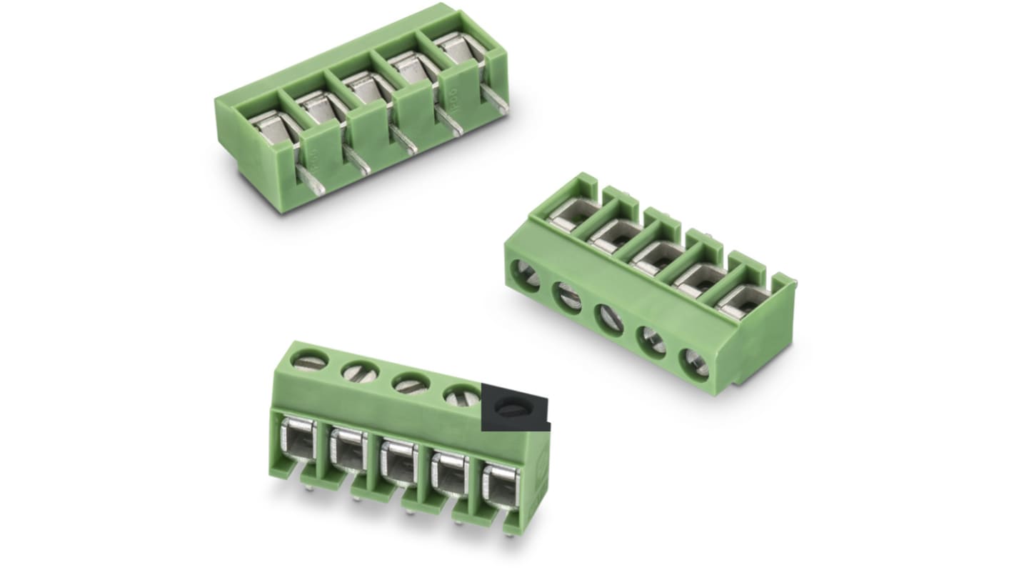 Borne para PCB Macho Wurth Elektronik de 4 vías , paso 5mm, 16A, de color Verde, montaje Montaje en orificio pasante,