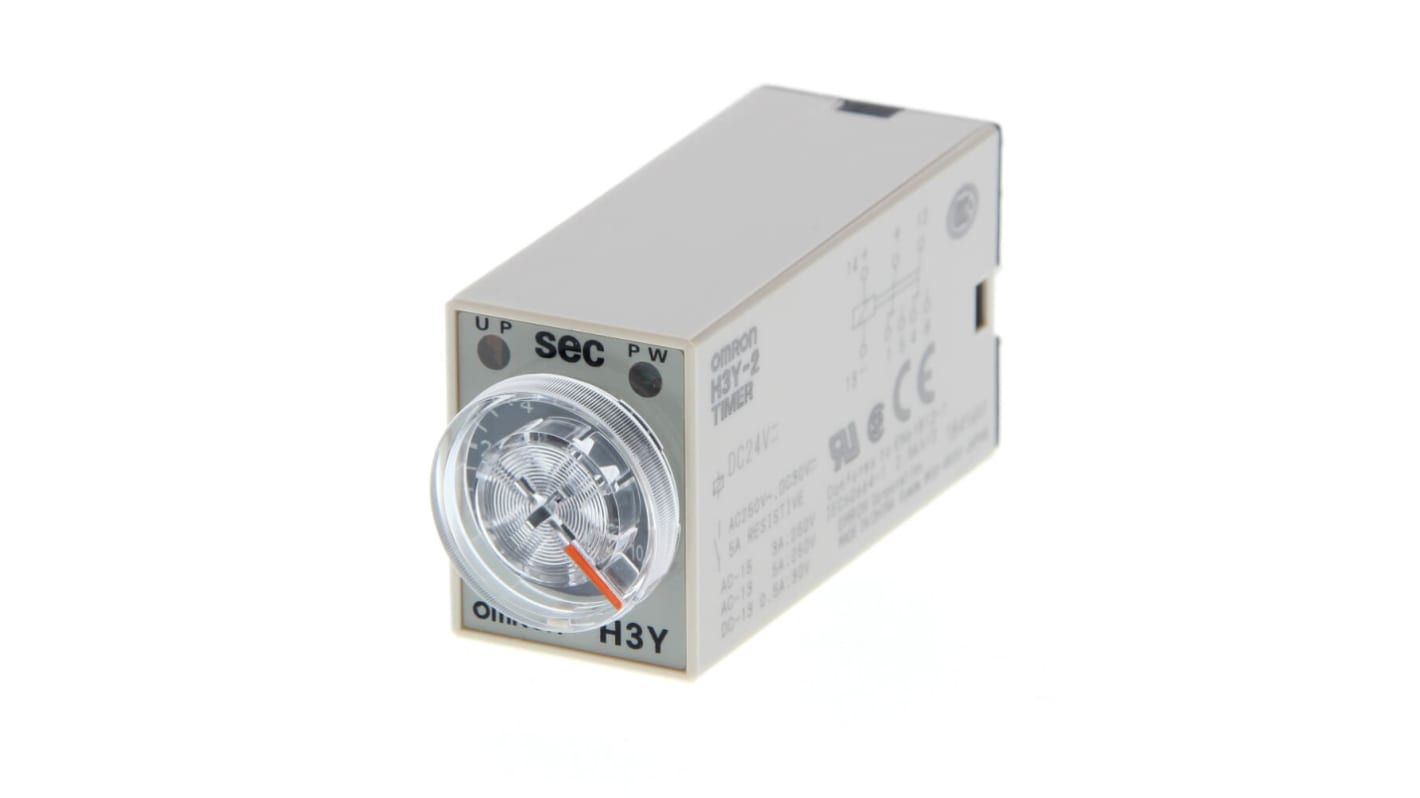 Relais temporisé Omron H3Y-2, 24V c.c., Rail DIN, 2 contacts