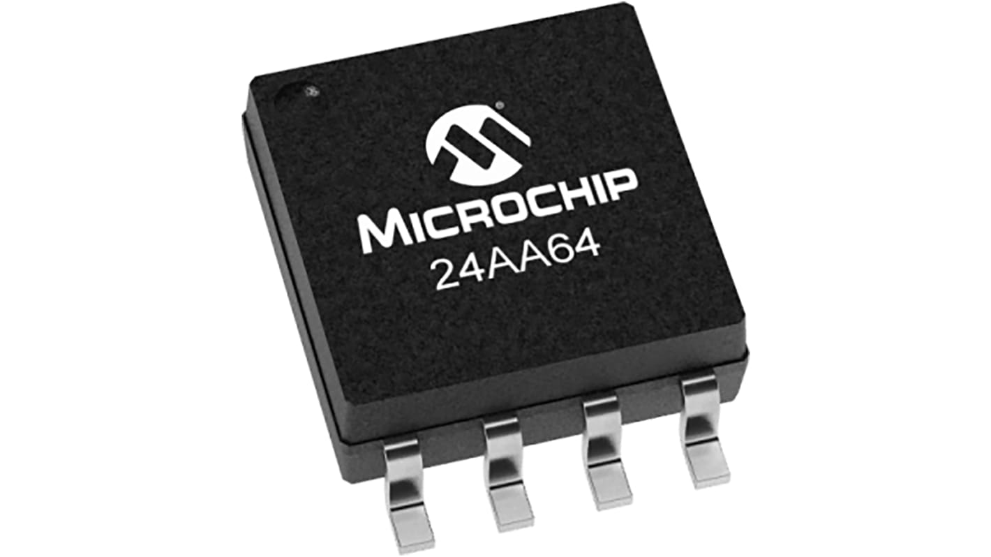 Mémoire EEPROM en série, 24AA64T-I/SN, 64Kbit, Série-I2C SOIC, 8 broches, 8bit