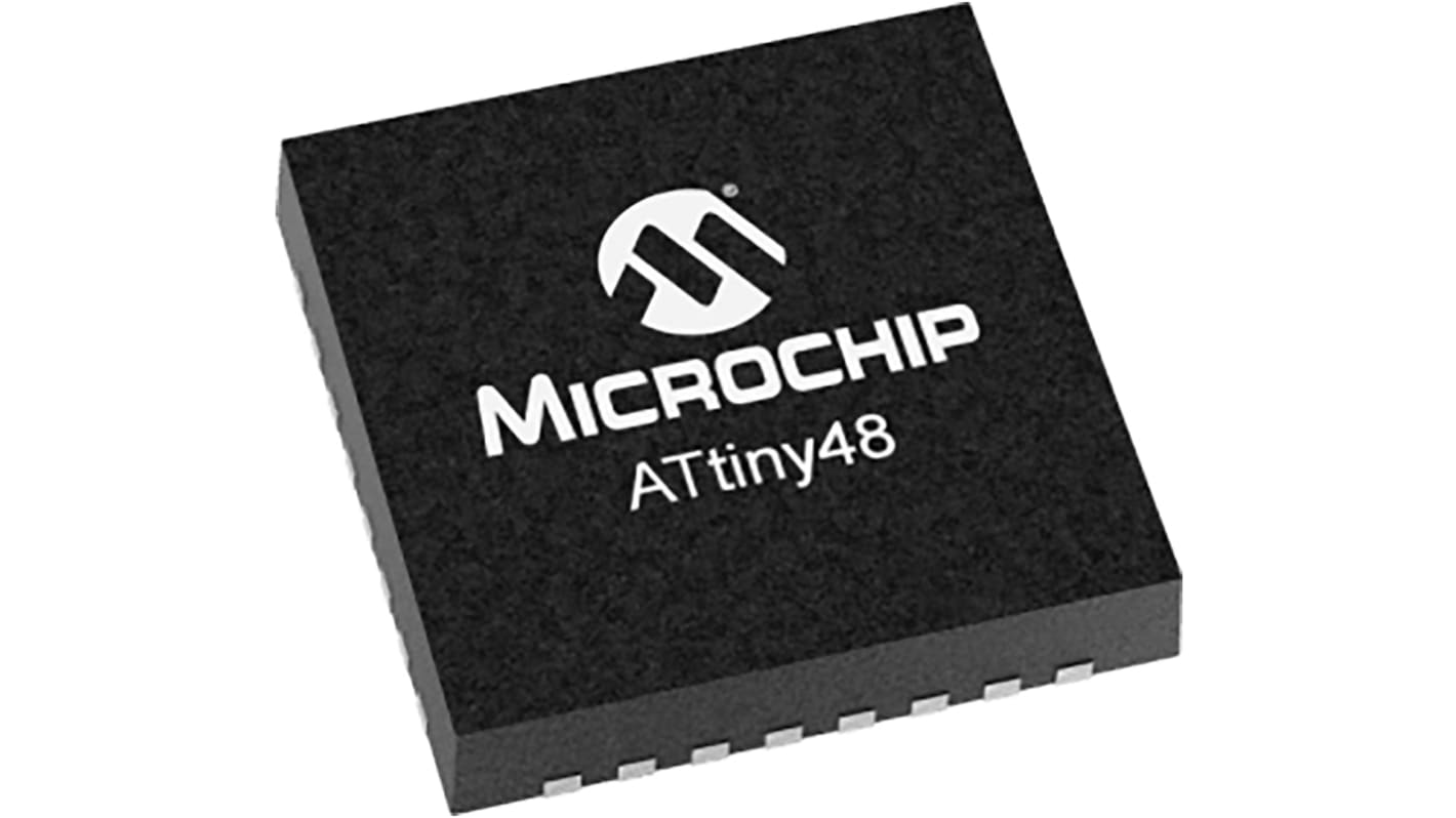 Microcontrolador Microchip ATTINY48-MMU, núcleo AVR de 8bit, RAM 256 B, 12MHZ, QFN de 28 pines