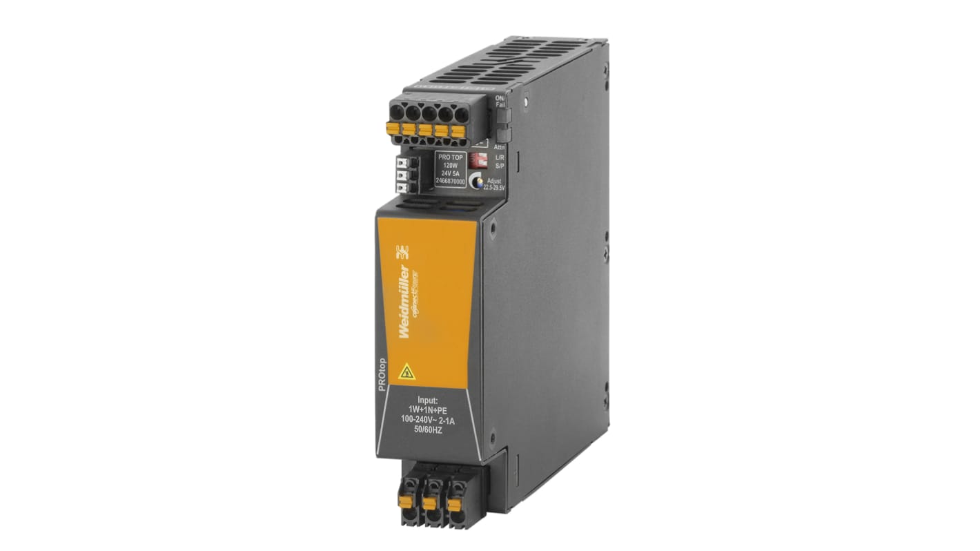 Weidmuller Pro Top Switch Mode DIN Rail Power Supply, 85 → 277V ac ac, dc Input, 24V dc dc Output, 5A Output,