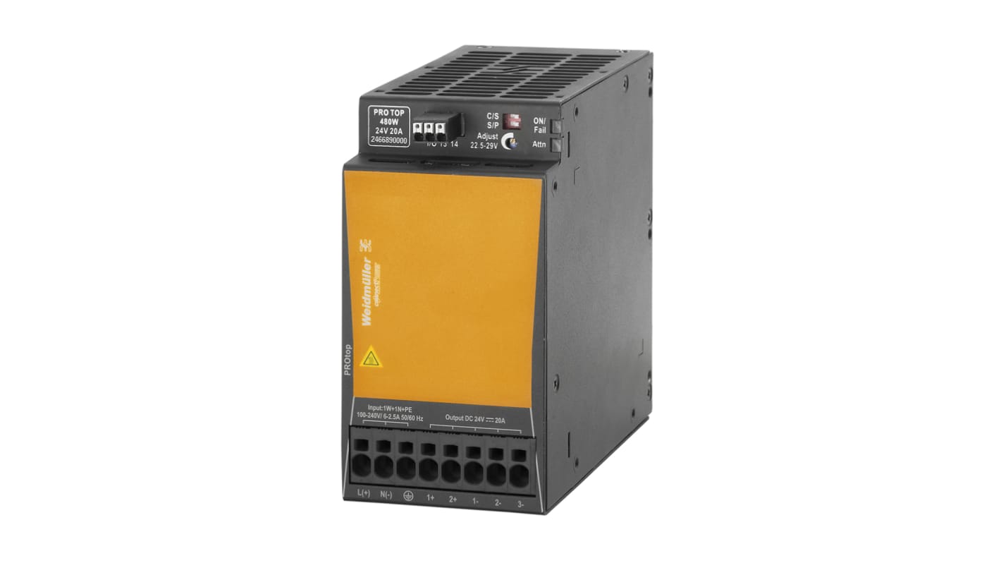 Weidmuller Pro Top Switch Mode DIN Rail Power Supply, 85 → 277V ac ac, dc Input, 24V dc dc Output, 20A Output,