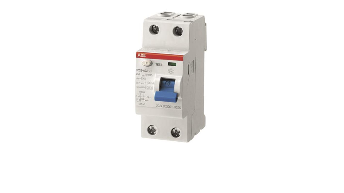 ABB F200 RCCB, 63A, 2 Pole, 30mA, Type A, 230/400V ac