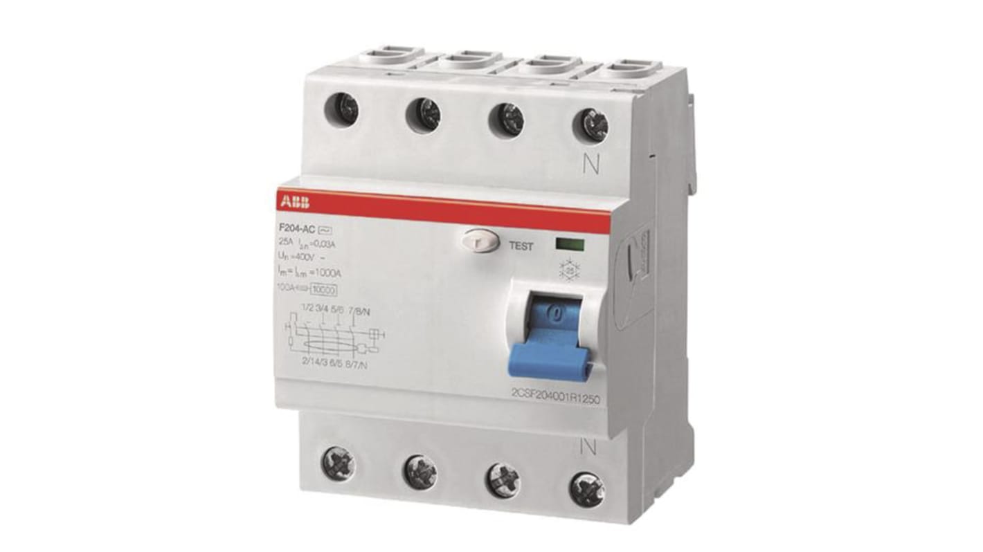 ABB F200 RCCB, 63A, 4 Pole, 30mA, Type A, 230/400V ac