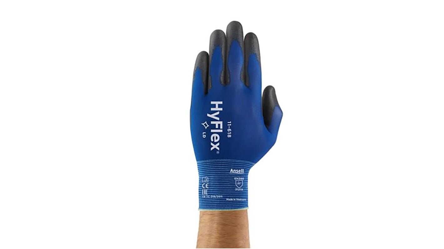 Guantes de trabajo de Nylon Azul Ansell serie HyFlex 11-618, talla 6, con recubrimiento de Poliuretano, Resistentes a