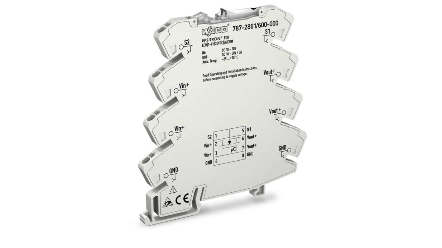 Interruttore elettronico di circuito Wago, 6A, 30V, 1 canale, Montaggio Guida DIN, 787-2861