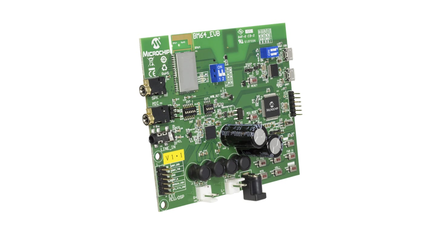 Microchip Entwicklungstool Kommunikation und Drahtlos Entwicklungsplatine für Stereo-Audio-Modul BM64 Klasse 2