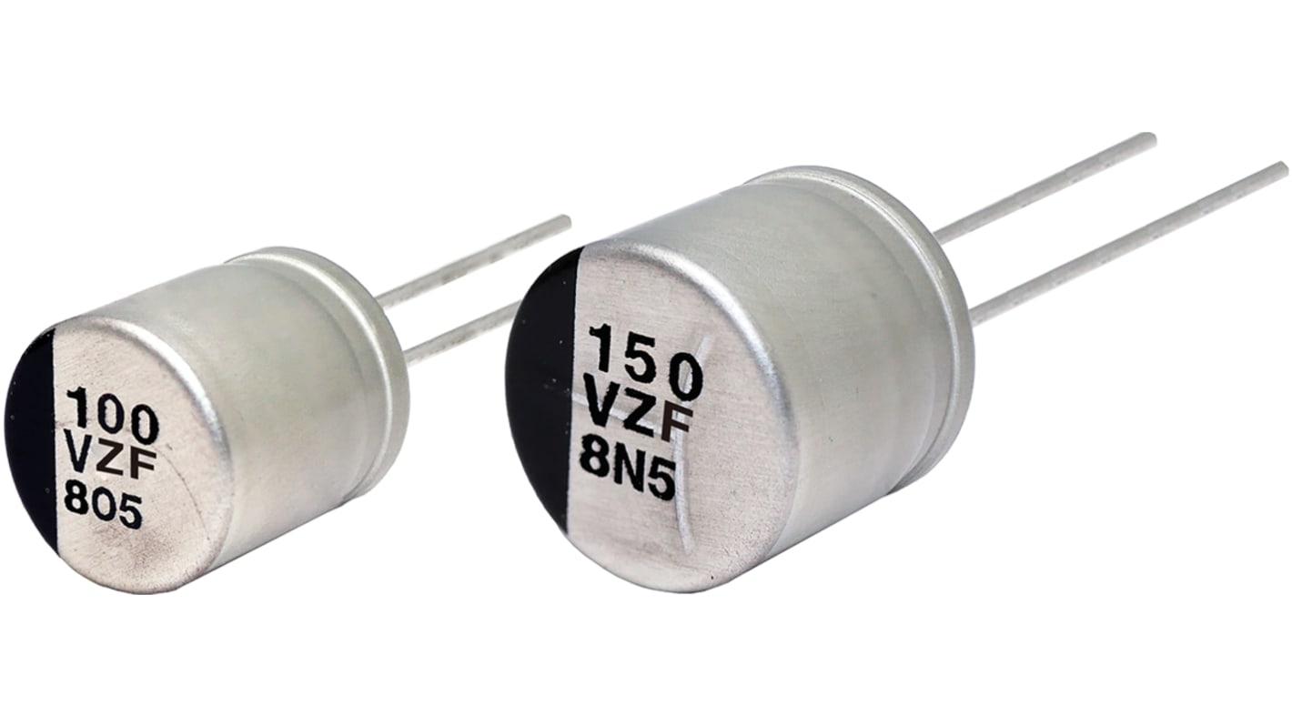 Condensador de polímero Panasonic ZF, 56μF ±20%, 50V dc, Montaje en orificio pasante, paso 3.5mm, dim. 8 (Dia) x 9.5mm
