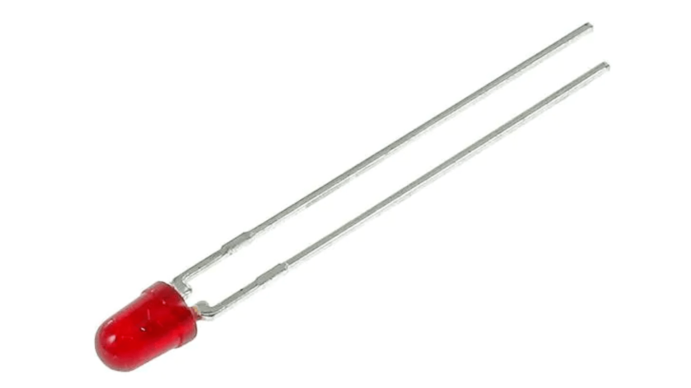 Broadcom LED, 2 tüskés, furatos, Vörös, 626 nm, 3,4 mcd, 1,9 V, 60°, HLMP sorozat, 3 mm (T-1)