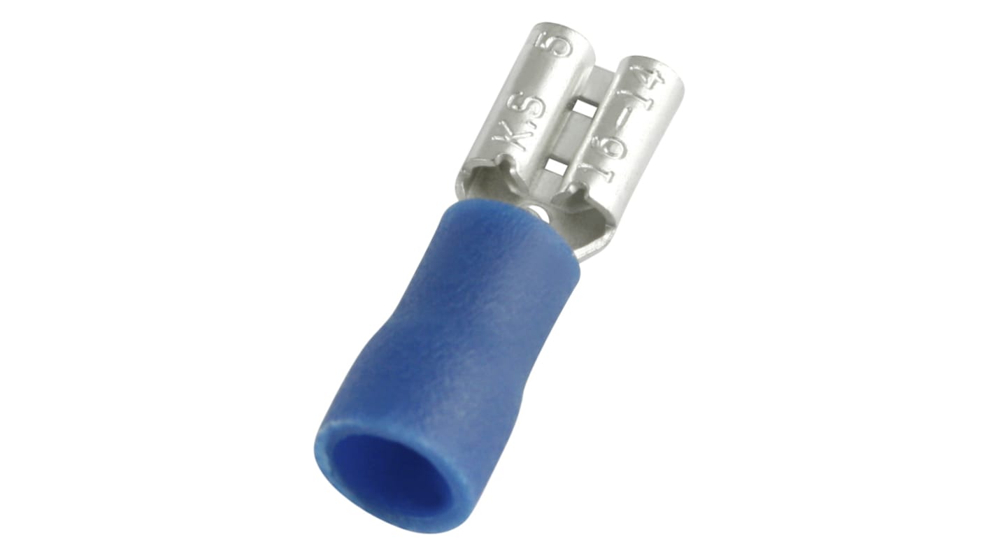 Terminal de lengüeta hembra aislado de color Azul RS PRO de crimpar, 0.5 x 4.75mm, 1.5mm² → 2.5mm², long. 19mm, de Latón