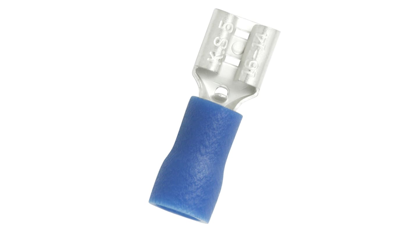 Terminal de lengüeta hembra aislado de color Azul RS PRO de crimpar, 0.5 x 5.2mm, 1.5mm² → 2.5mm², long. 18.5mm, de