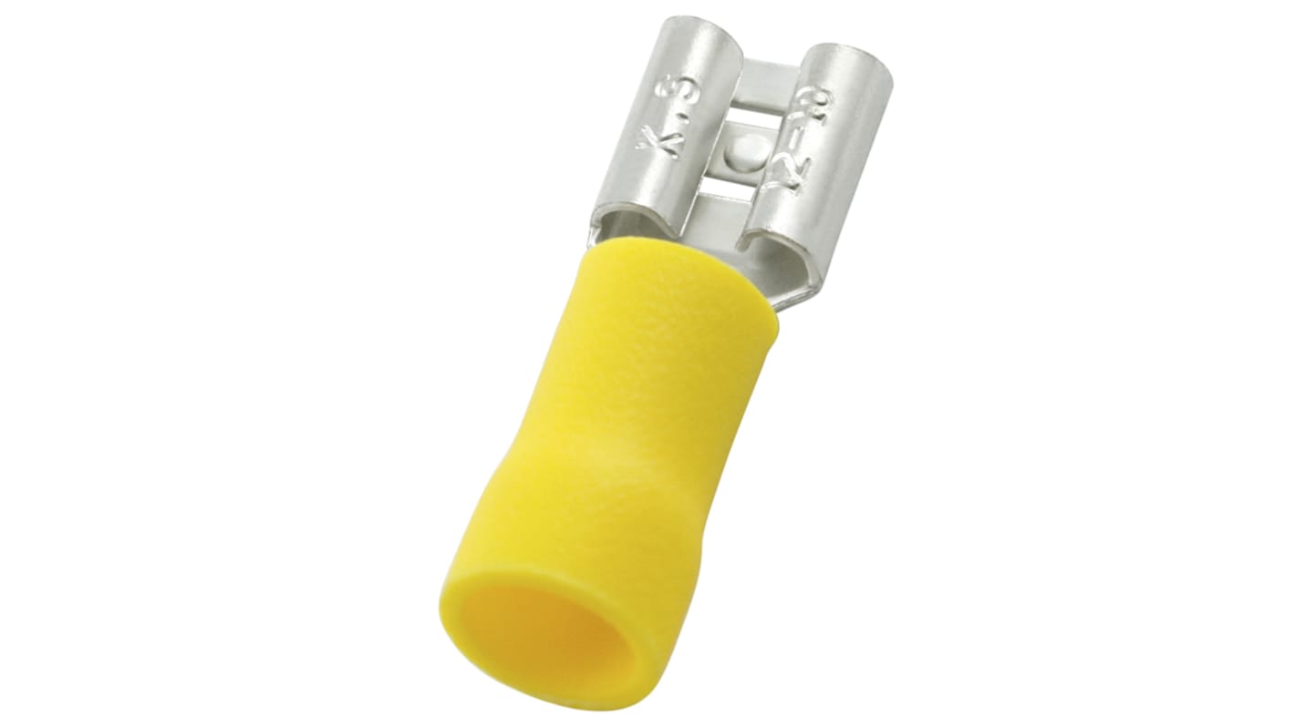 Terminal de lengüeta hembra aislado de color Amarillo RS PRO de crimpar, 0.8 x 6.35mm, 4mm² → 6mm², long. 23.5mm, de