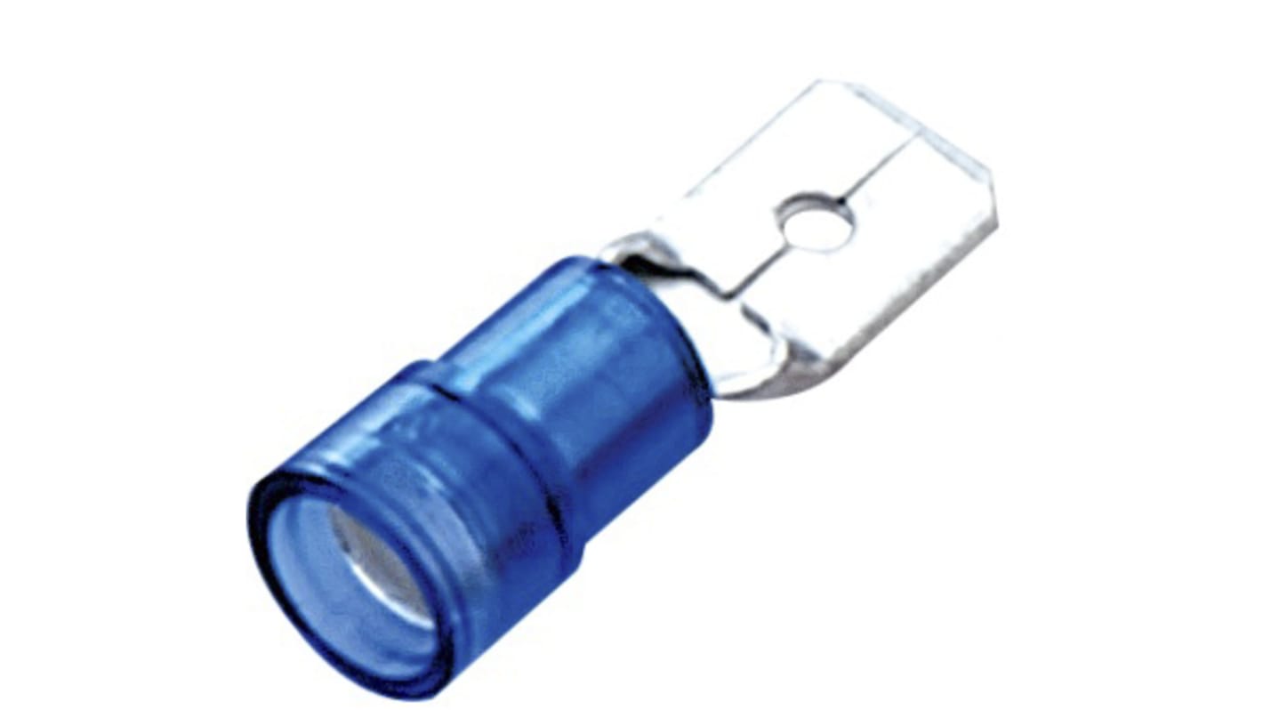 RS PRO Blue Insulated Male Spade Connector, Tab, 0.8 x 6.35mm Tab Size, 1.5mm² to 2.5mm²