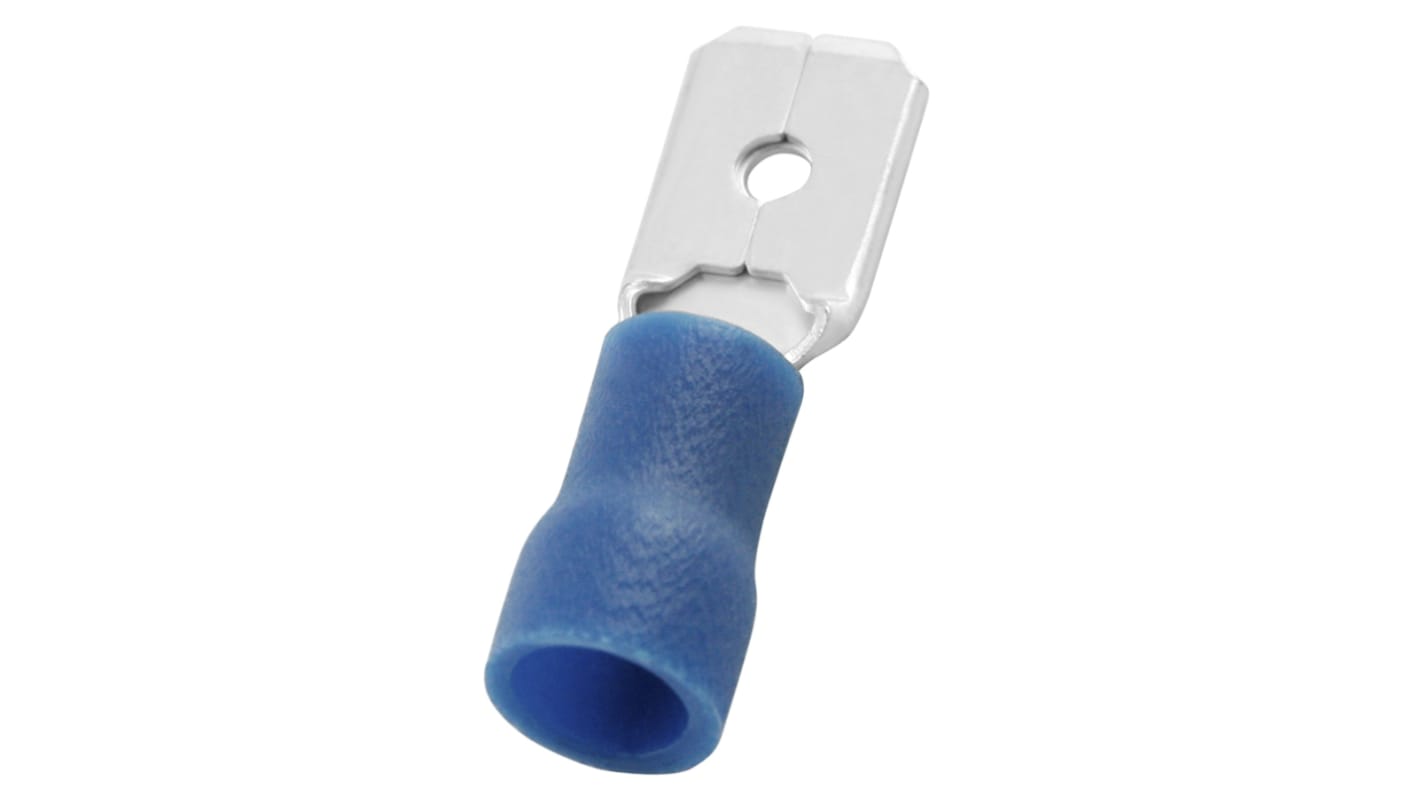 RS PRO Blue Insulated Male Spade Connector, Tab, 0.8 x 6.35mm Tab Size, 1.5mm² to 2.5mm²