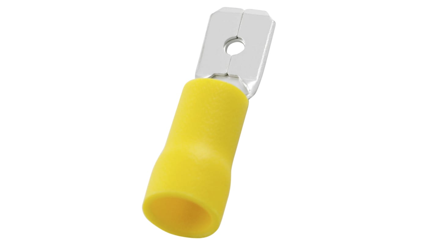 Terminal de lengüeta macho aislado de color Amarillo RS PRO de crimpar, 0.8 x 6.35mm, 4mm² → 6mm², long. 24mm, de Latón