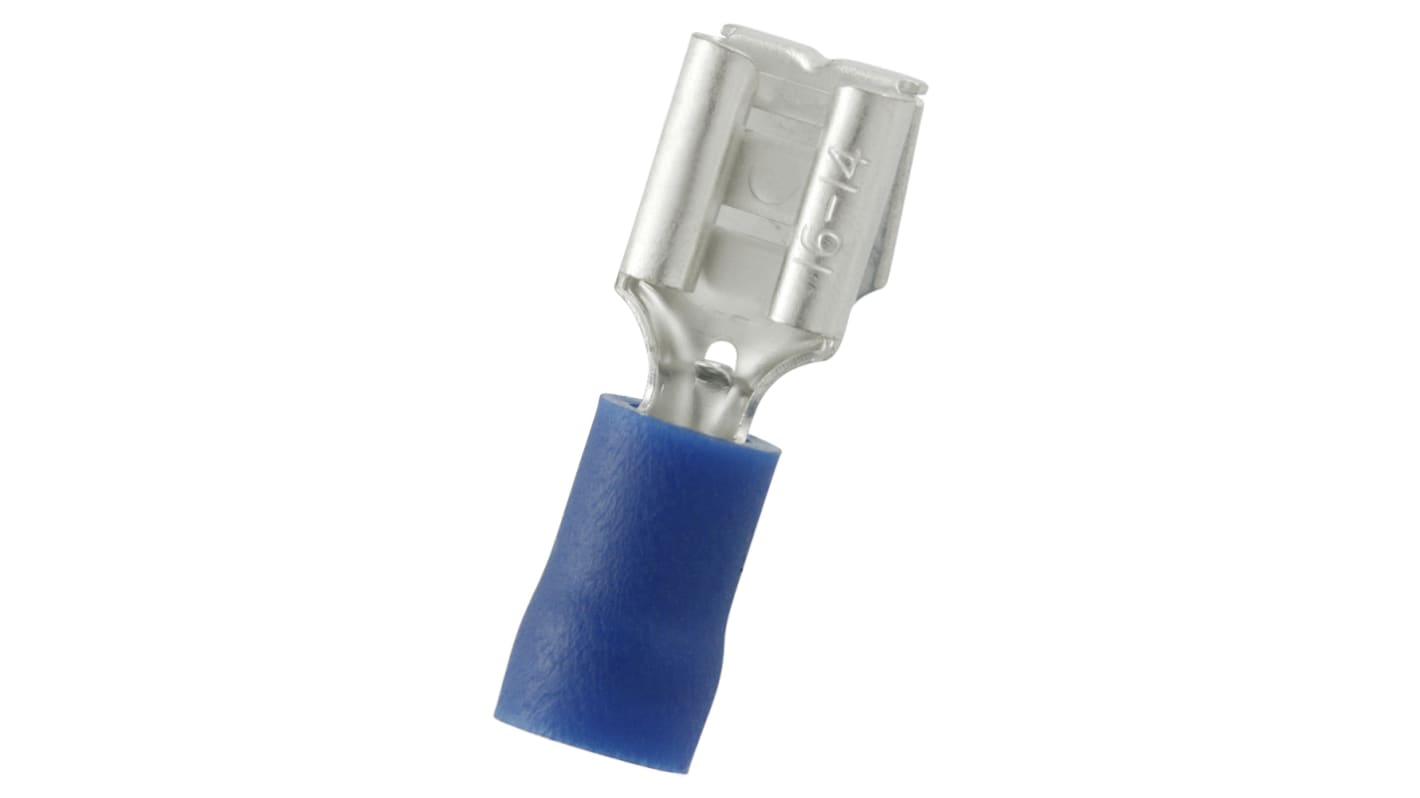 RS PRO Blue Insulated Male to Female Spade Connector, Piggyback Terminal, 0.8 x 6.35mm Tab Size, 1.5mm² to 2.5mm²