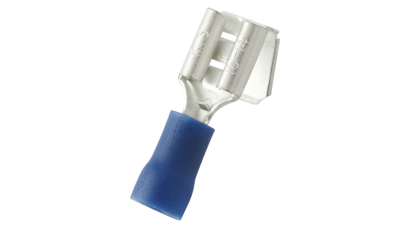 RS PRO Blue Insulated Female Spade Connector, Piggyback Terminal, 0.8 x 6.35mm Tab Size, 1.5mm² to 2.5mm²