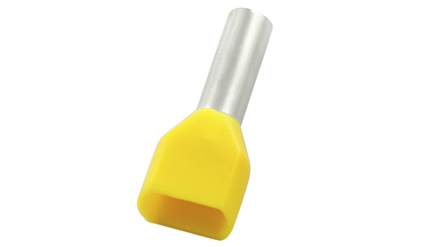 RS PRO Insulated Bootlace Ferrule, 8mm Pin Length, 2.4mm Pin Diameter, 2 x 1.0mm² Wire Size, Yellow