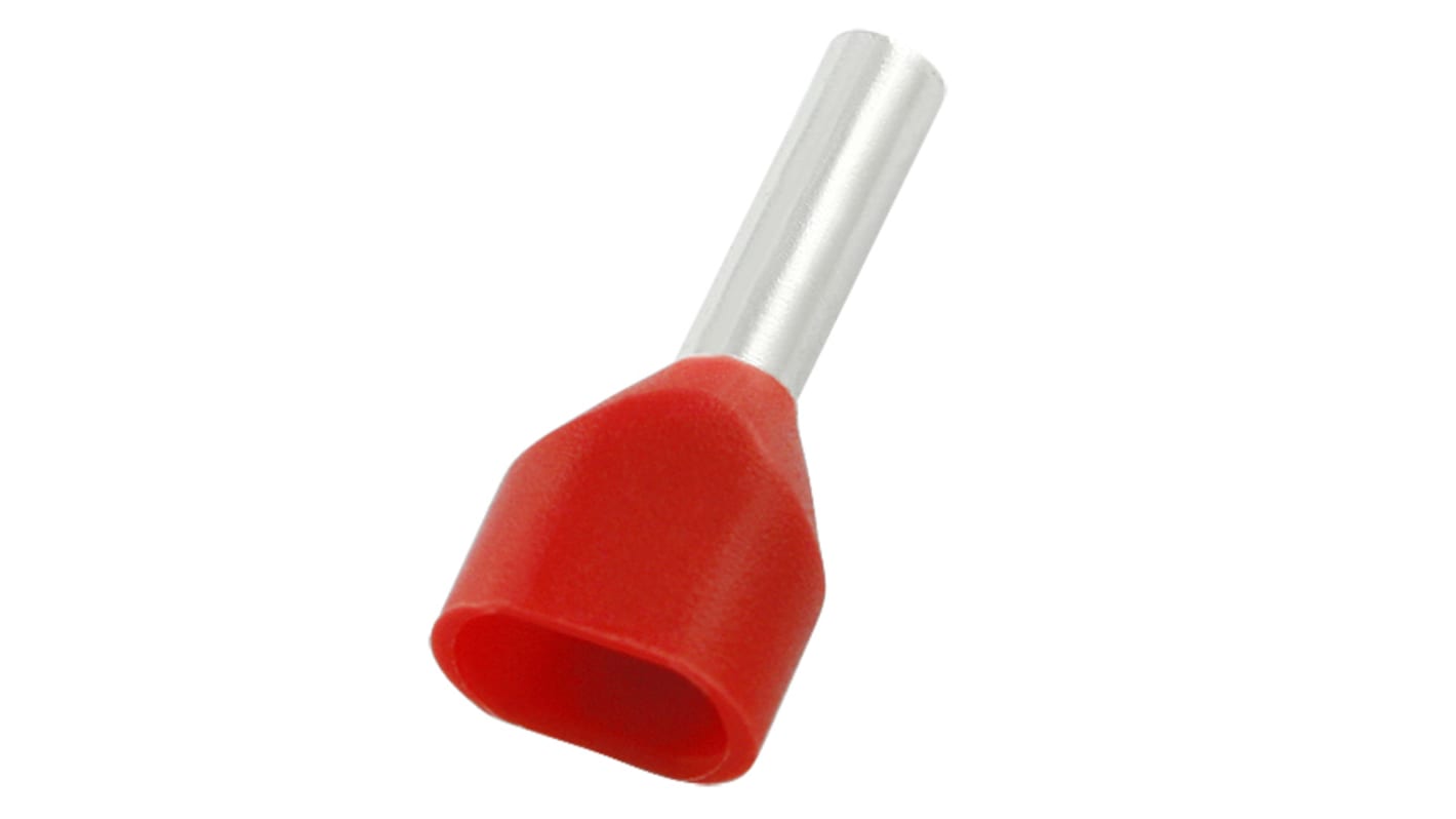 RS PRO Insulated Crimp Bootlace Ferrule, 8mm Pin Length, 2.6mm Pin Diameter, 2 x 1.5mm² Wire Size, Red