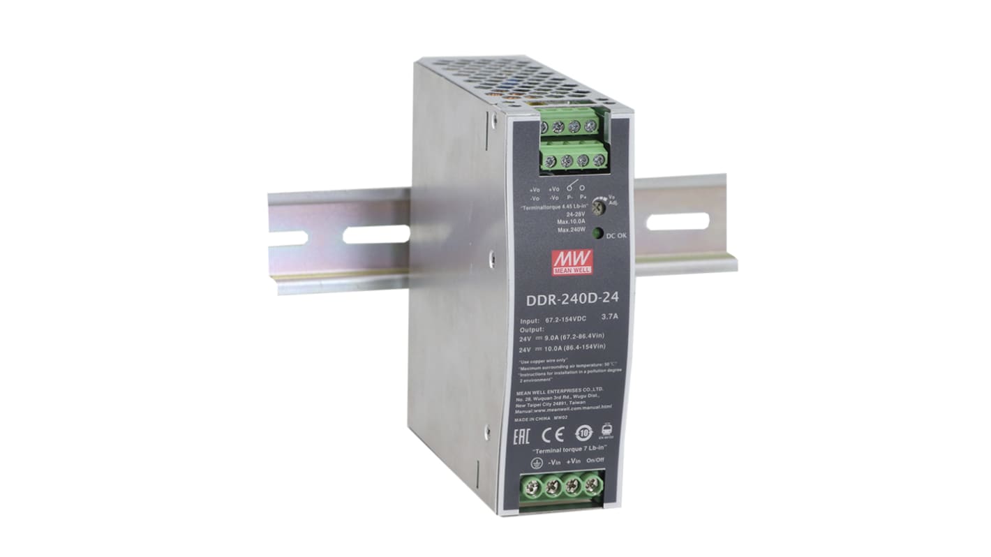 MEAN WELL DDR-240 DC/DC-Wandler 240W 16,8→ 33,6 V dc IN, 24V dc OUT / 10A DIN-Schienen-Montage 4kV dc isoliert