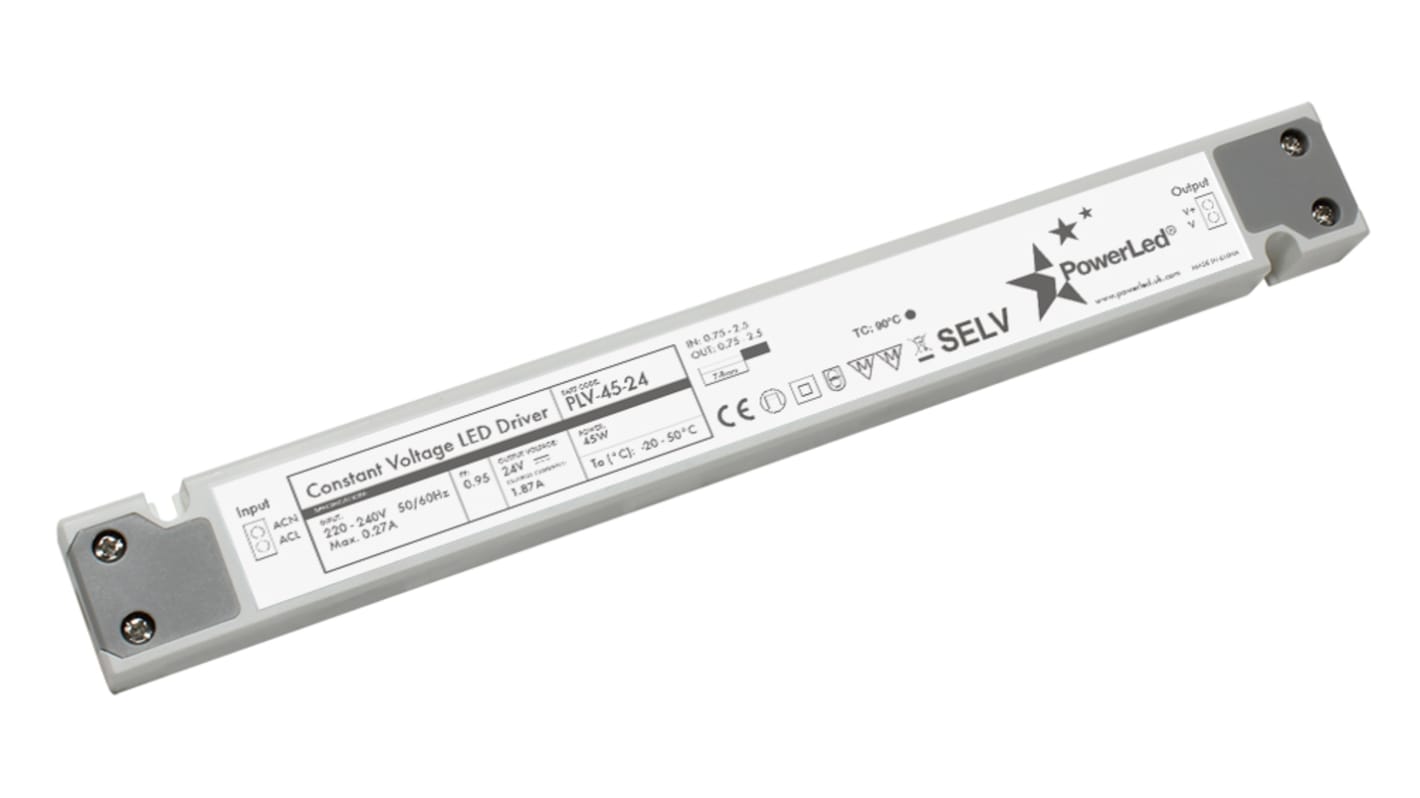 Driver LED tensión constante PowerLED PLV-45 de salidas, IN: 220 → 240 V ac, OUT: 24V, 1.9A, 45W, IP20