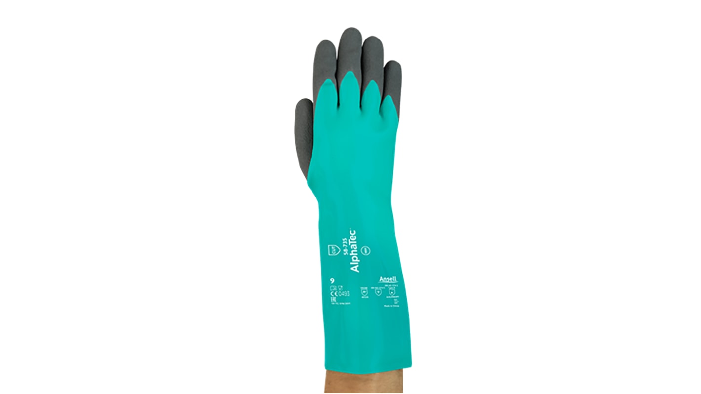 Ansell AlphaTec 58-735 Green Nitrile Chemical Resistant Work Gloves, Size 8, Nitrile Coating