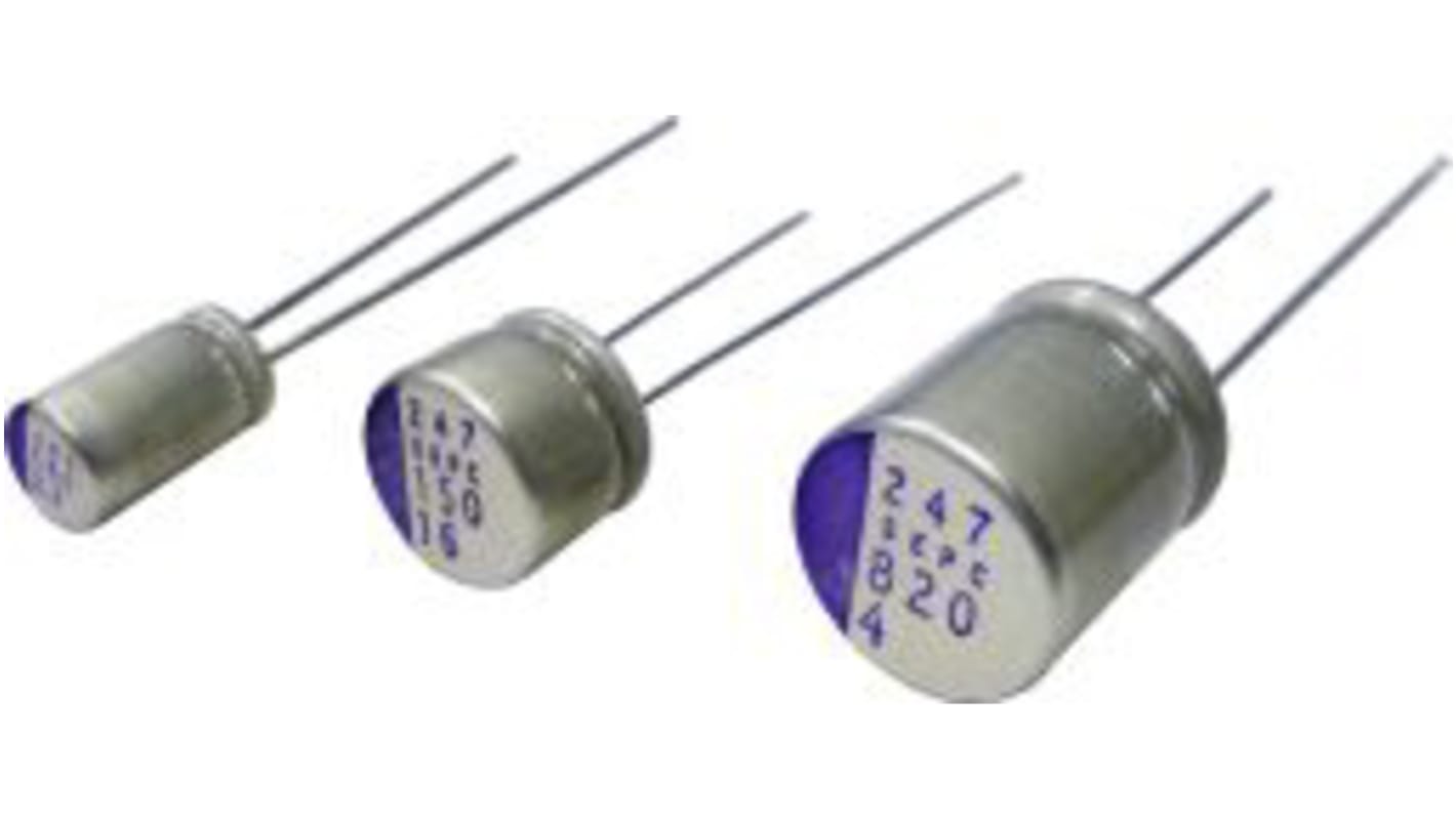 Condensador de polímero Panasonic SEPC, 100μF ±20%, 16V dc, Montaje en orificio pasante, paso 2.5mm, dim. 6.3 (Dia) x