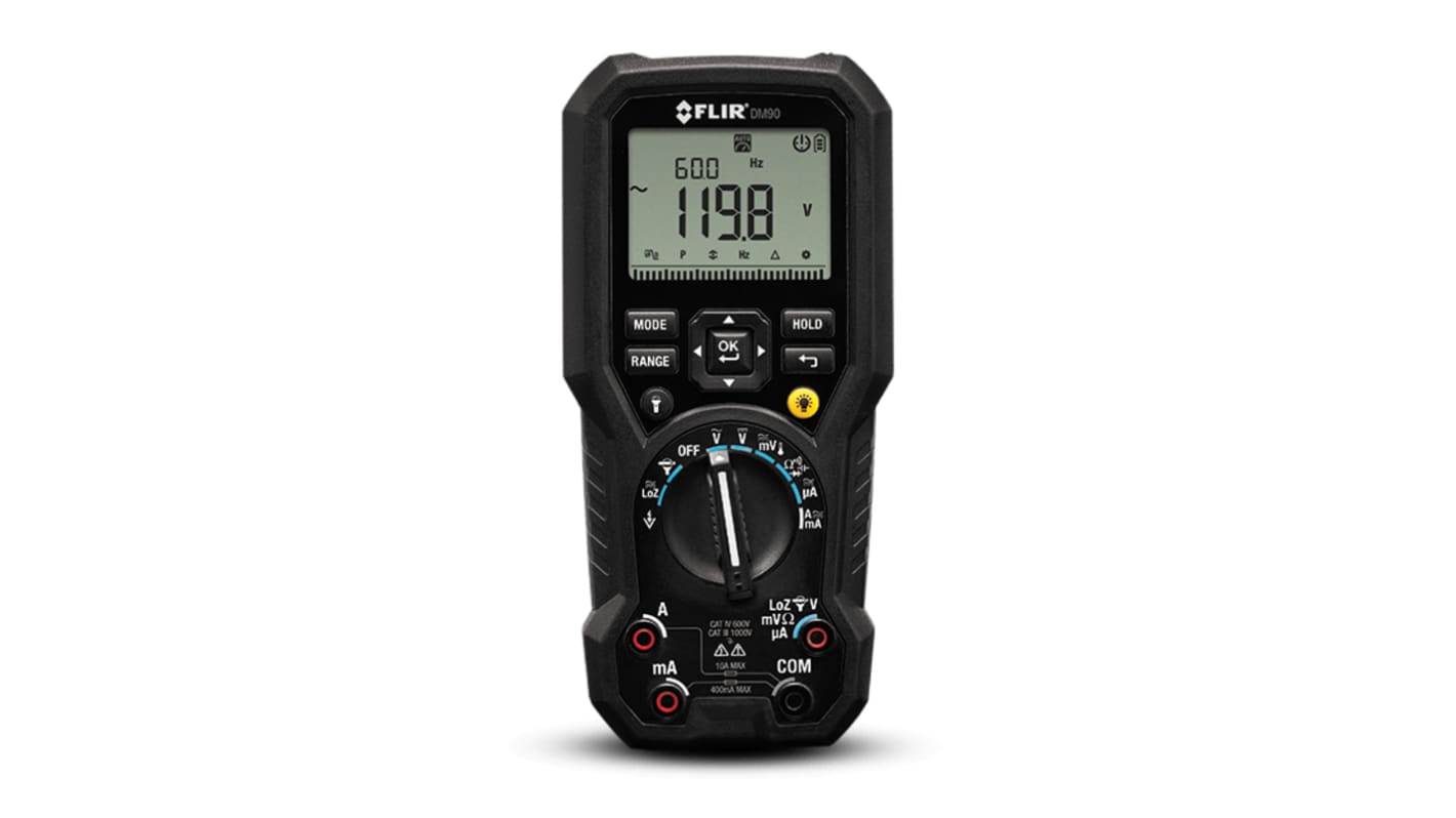 FLIR DM90 Handheld Digital Multimeter, True RMS, 10A ac Max, 10A dc Max, 1000V ac Max - UKAS Calibrated