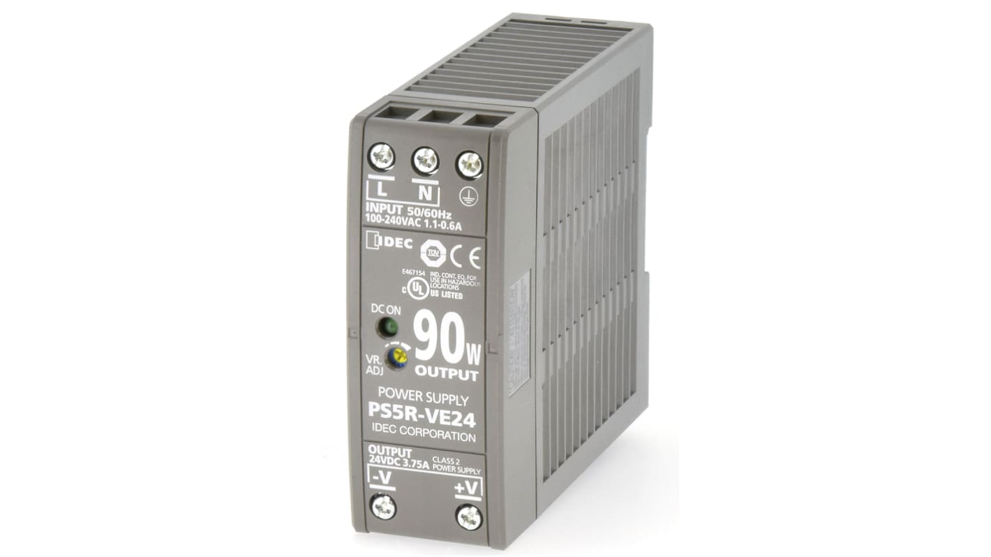 Idec PS5R DIN Rail Power Supply, 85 → 264 V ac / 100 → 370V dc ac, dc Input, 24V dc dc Output, 3.75A