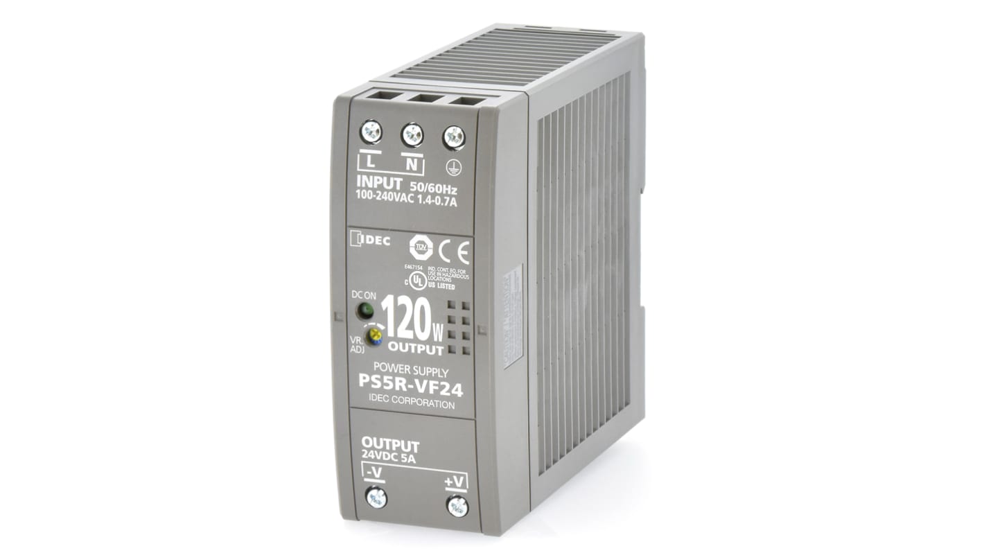 Idec PS5R DIN Rail Power Supply, 85 → 264V ac ac, dc Input, 24V dc dc Output, 5A Output, 120W