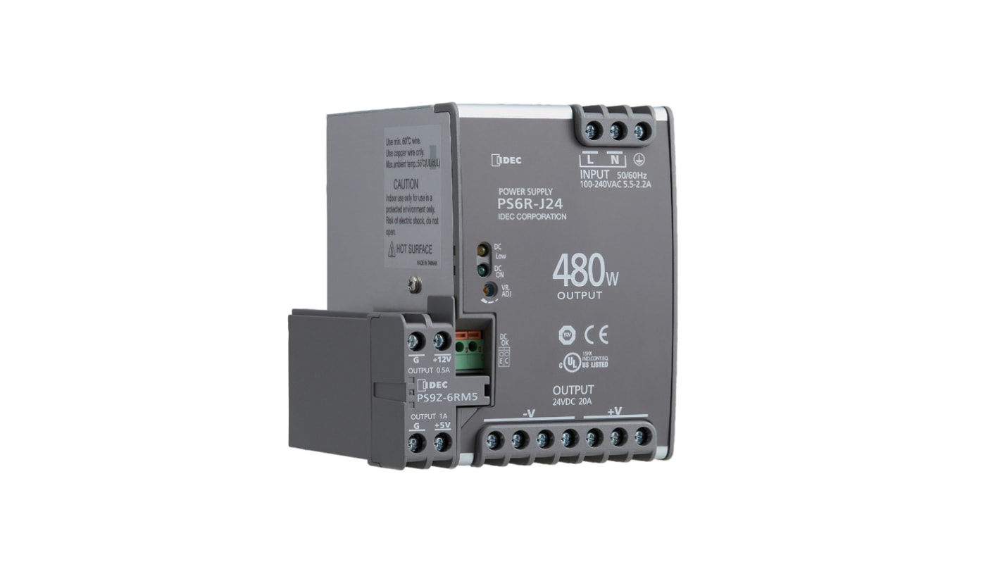 Idec PS6R DIN Rail Power Supply, 85 → 264 V ac / 110 → 350V dc ac, dc Input, 24V dc dc Output, 20A