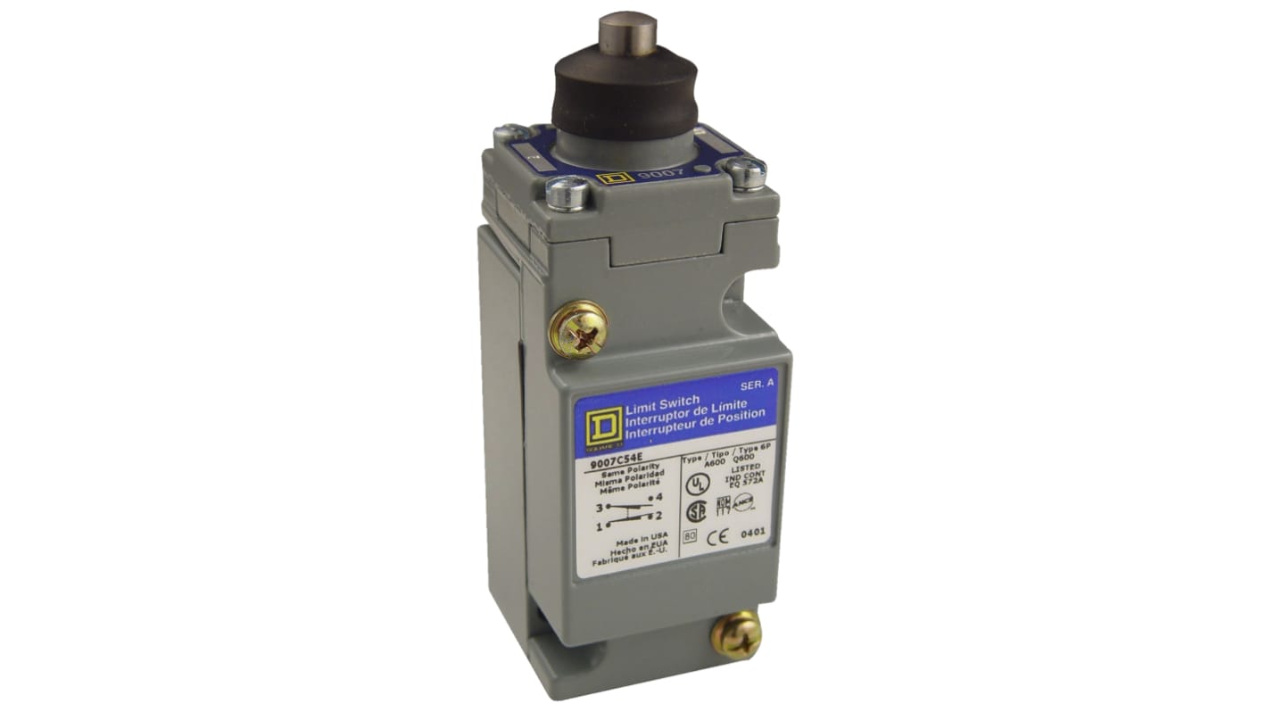 Telemecanique Sensors 9007 Series Plunger Limit Switch, NO/NC, IP67, SPDT-DB, Zinc Housing, 600V ac Max, 1.2A Max