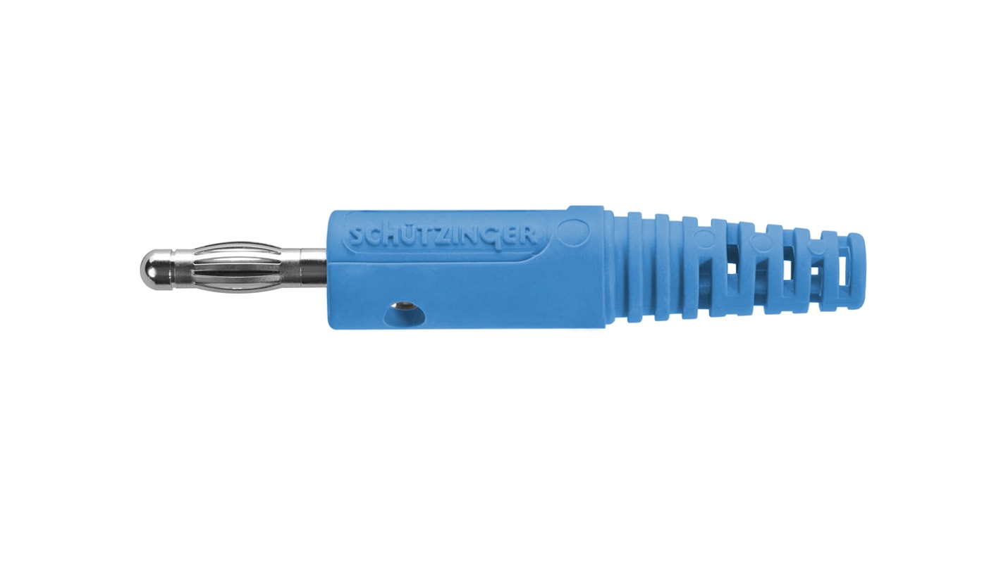 Schutzinger Blue Male Banana Plug, 4 mm Connector, Solder Termination, 32A, 33 V ac, 70V dc, Nickel Plating