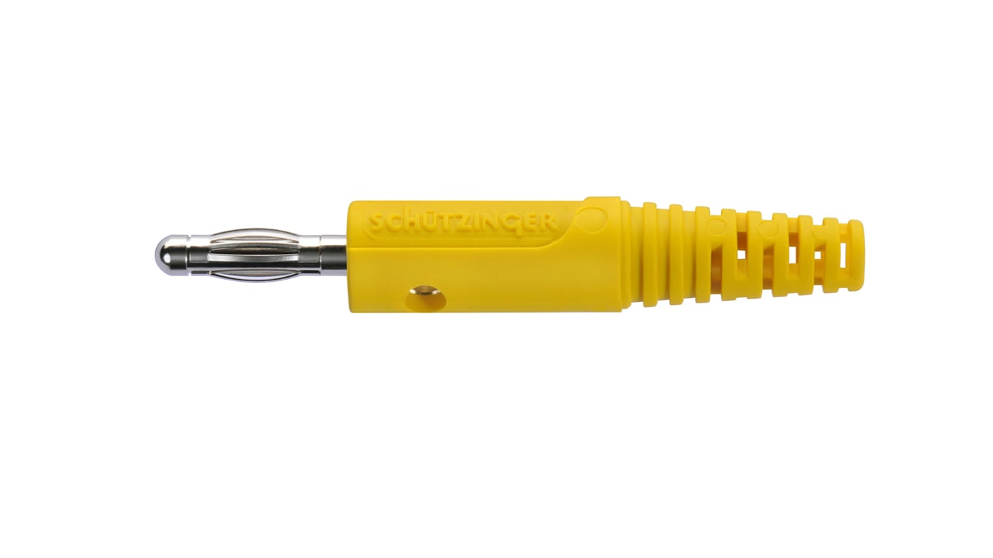 Schutzinger 4 mm Bananenstecker Gelb, Kontakt vernickelt, 33 V ac, 70V dc / 32A, Lötanschluss